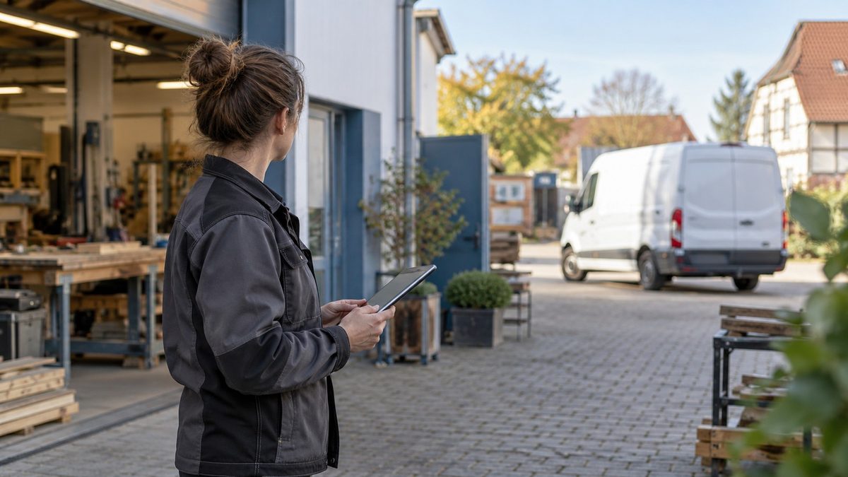 Inhaberin eines kleinen Handwerksbetriebs vor ihrer Werkstatt, Firmenwagen im Hintergrund