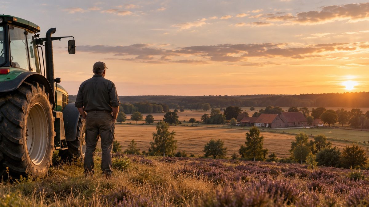 Landwirt neben Traktor am Feldrand in der Südheide, Hofgebäude im Hintergrund