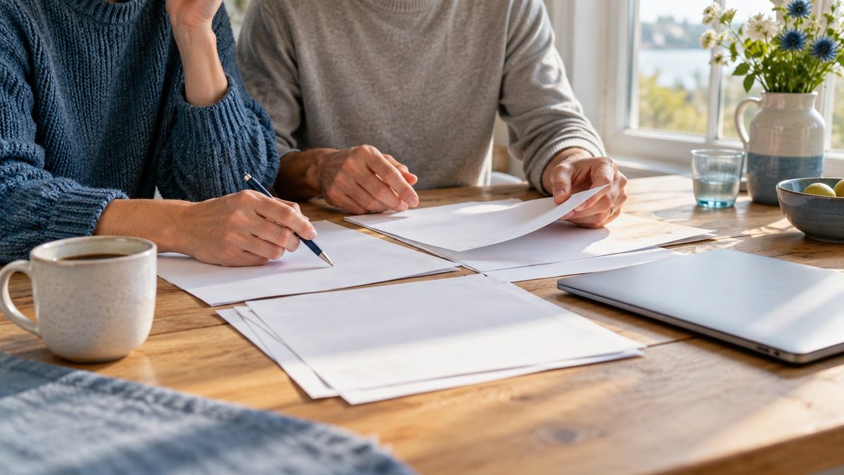 Küchentisch mit Unterlagen, Tasse und Laptop, zwei Personen besprechen Versicherungsfragen