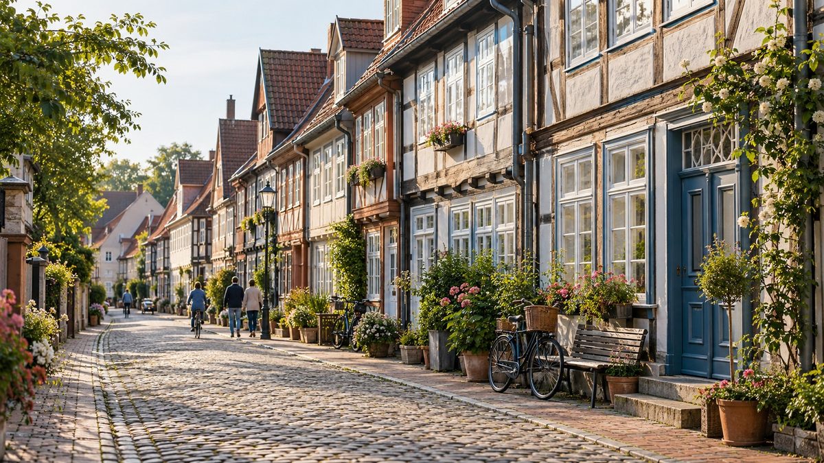 Celler Altstadt mit Fachwerk und Alltagsszene, ruhig, als Dachbild für alle Sparten