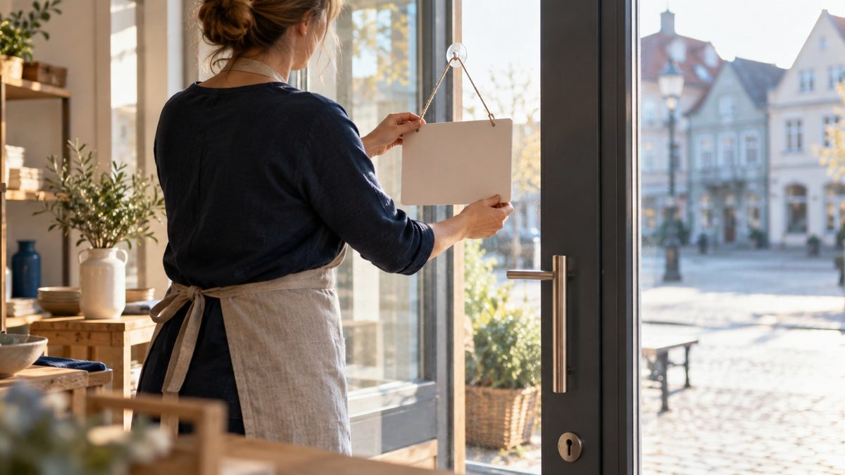 Selbstständiger in seinem Laden, Türschild wird gedreht