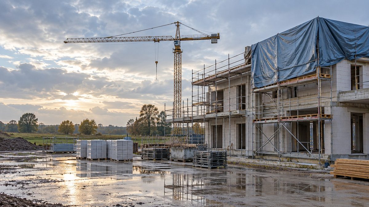 Baustelle nach Unwetter, Plane über Rohbau