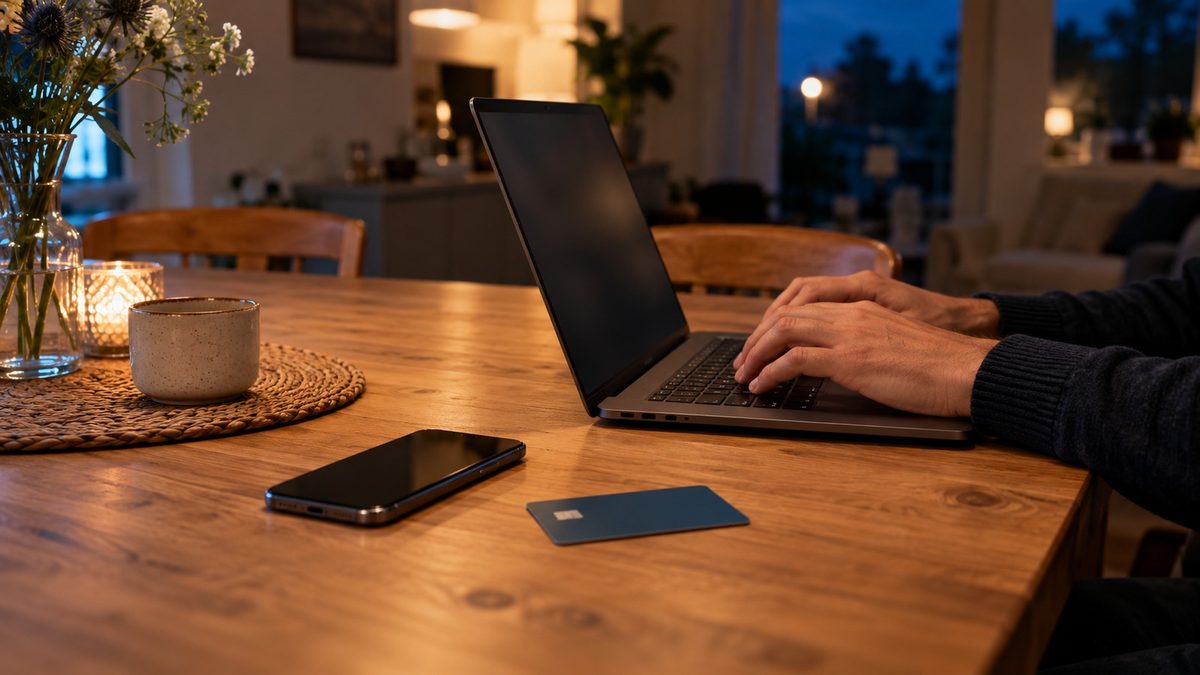 Laptop und Smartphone auf dem Esstisch, Online-Einkauf