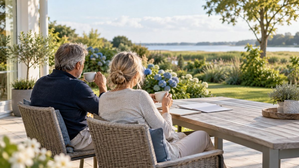 Paar Ende 50 auf der Terrasse mit Unterlagen