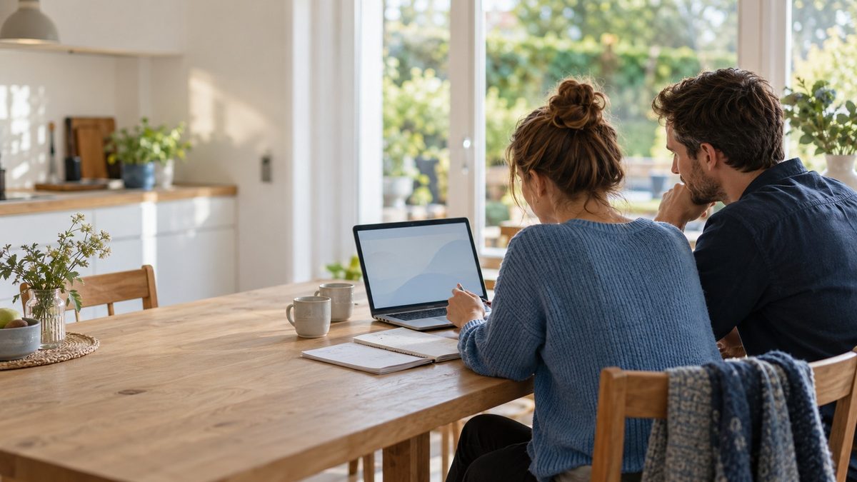 Paar Mitte 30 am Küchentisch mit Laptop und Notizen, entspannte Planung der Altersvorsorge