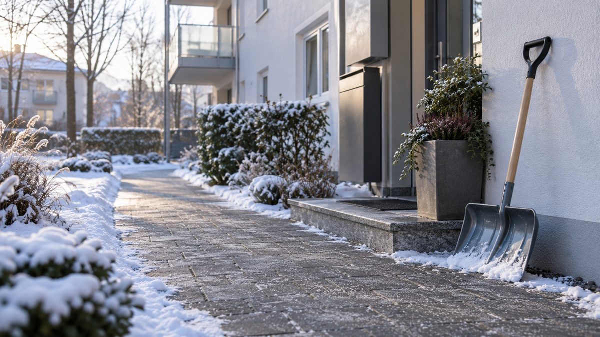 Gehweg vor einem Mehrfamilienhaus im Winter, gestreut
