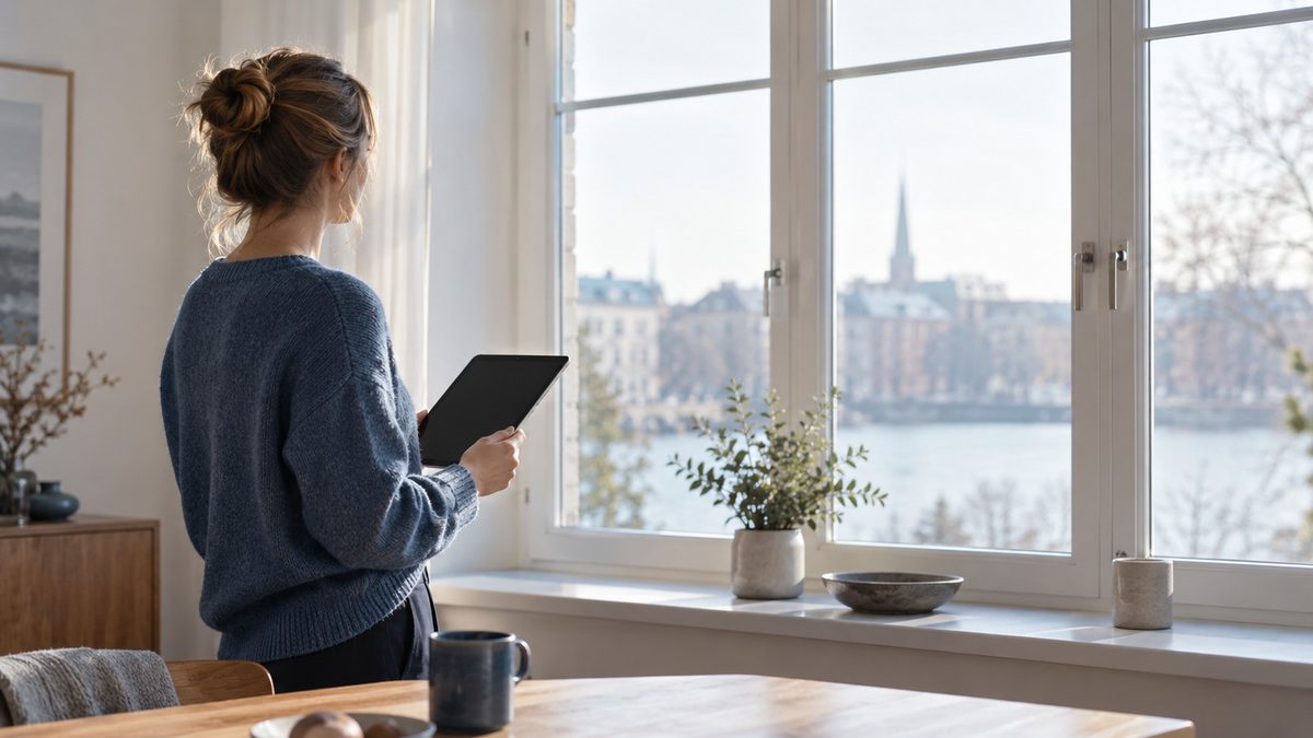 Junge Frau mit Tablet am Fenster, ruhig, Zukunftsplanung