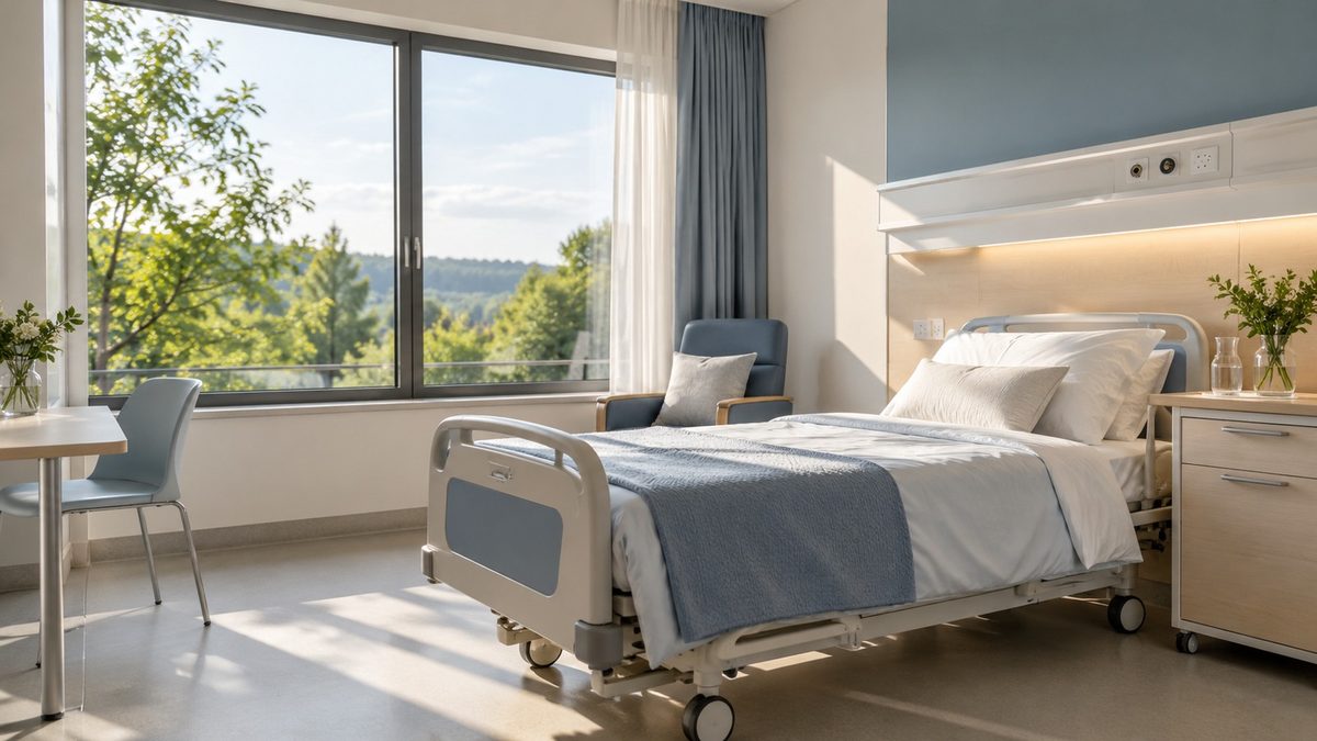 Helles Einzelzimmer im Krankenhaus mit Blick ins Grüne