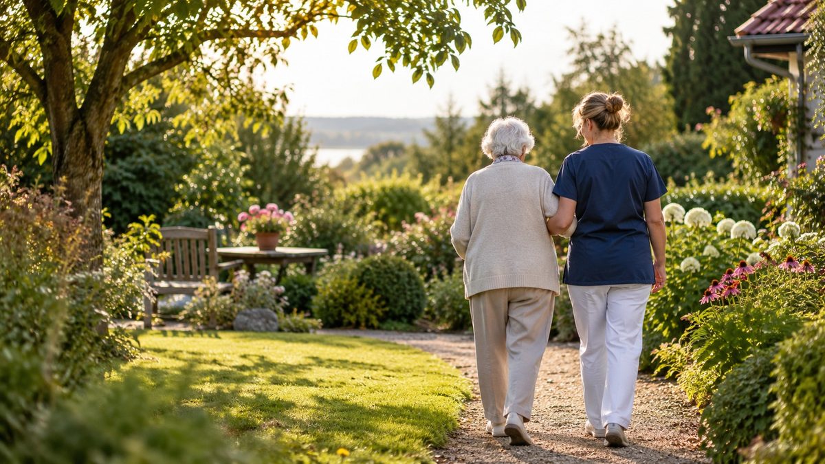 Pflegekraft begleitet ältere Dame im Garten