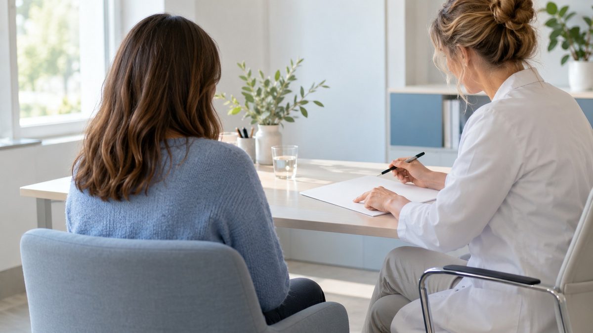 Arztgespräch, Patientin von hinten, Praxisraum hell