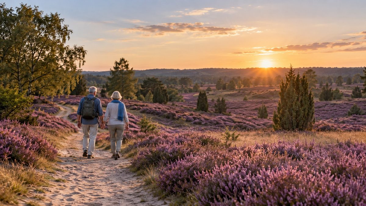 Älteres Paar beim Spaziergang in der Heide