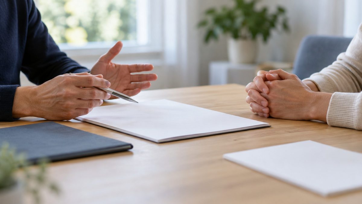 Beratungsgespräch mit Unterlagen, Hände und Dokumente