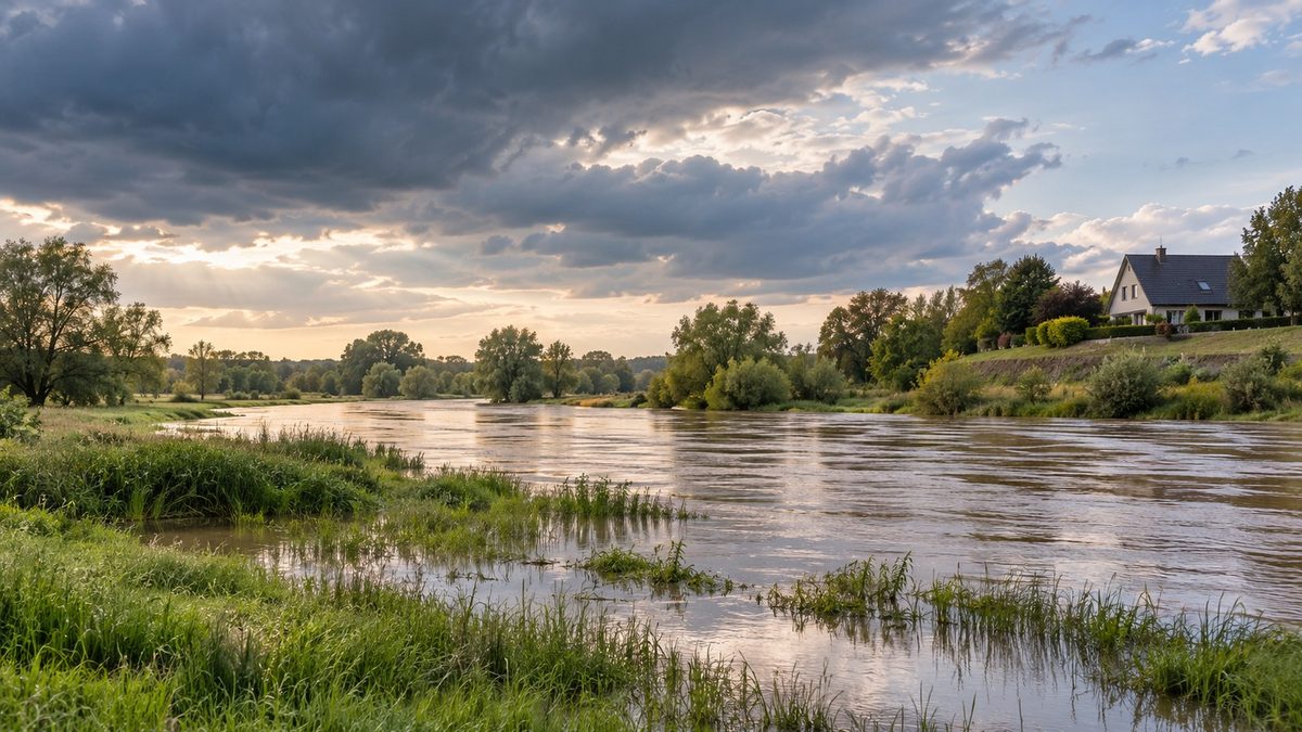 Aller nach Starkregen mit hohem Wasserstand, Wiesen am Ufer, Regenwolken