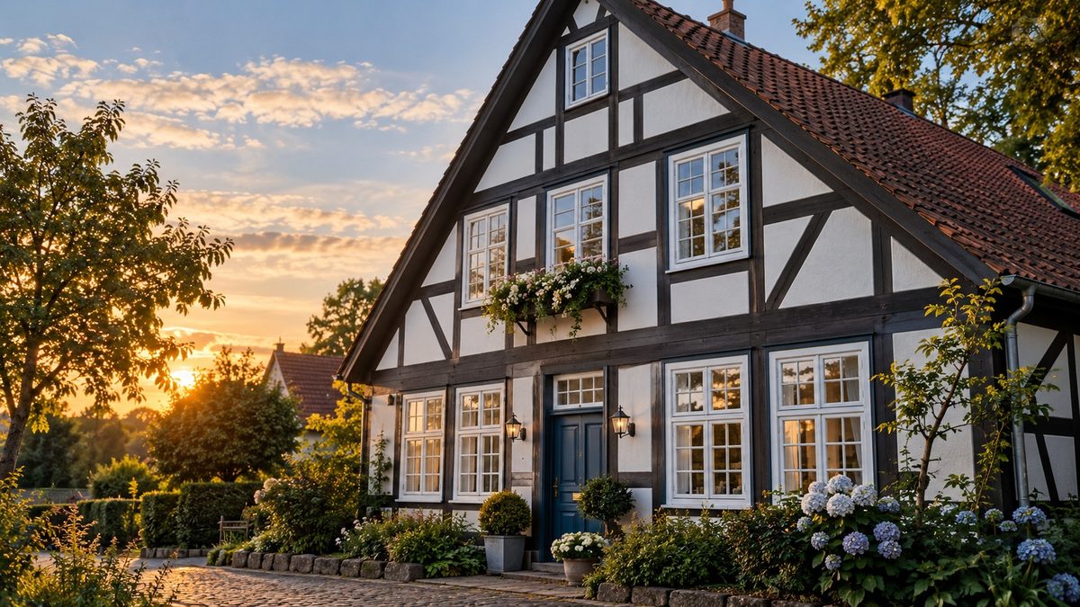 Detail eines Fachwerkhauses mit Balken, Sprossenfenstern und Hausnummer, Celler Altstadt