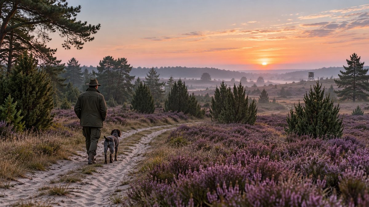 Jäger mit Hund auf einem Hochsitz-Weg in der Heide bei Dämmerung, kein Gewehr im Fokus