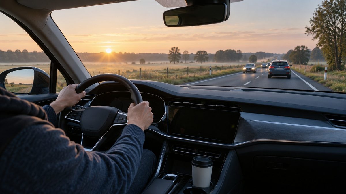 Morgendlicher Berufsverkehr auf einer Bundesstraße durch Felder, Pendler im Auto