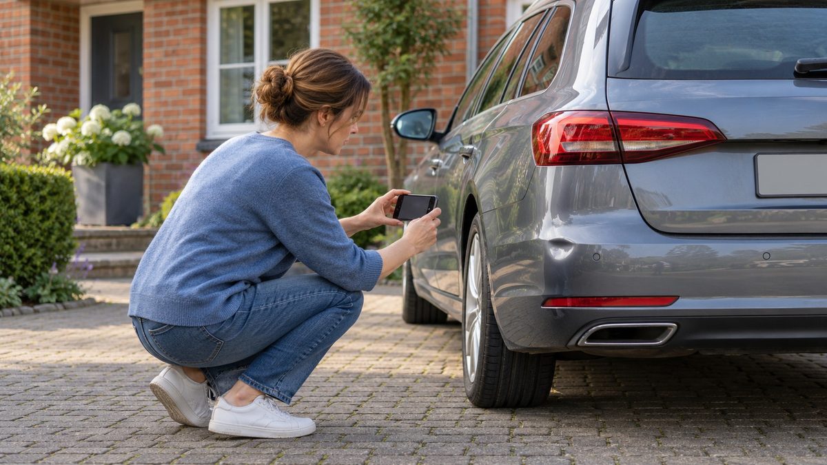 Frau fotografiert mit dem Smartphone eine kleine Delle an einem Auto, ruhig und sachlich