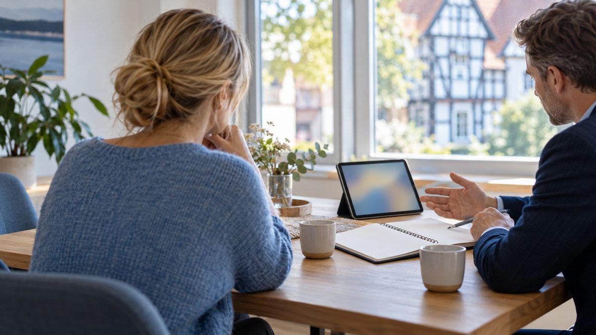 Beratungsgespräch am Tisch im Büro, Terminkalender und Tablet, entspannte Atmosphäre